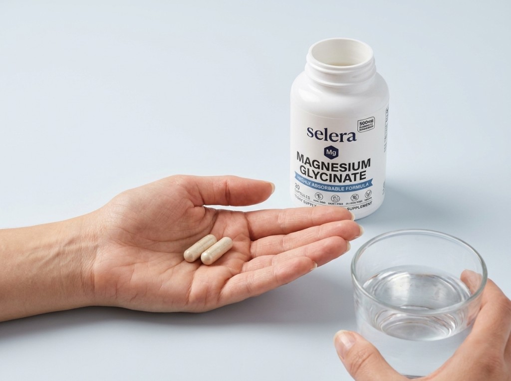 Two SELERA Magnesium Glycinate capsules with a glass of water