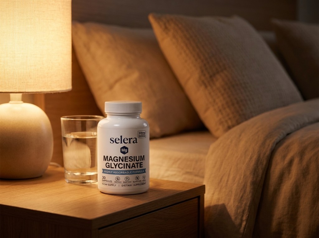 SELERA Magnesium Glycinate on a nightstand with water before bed